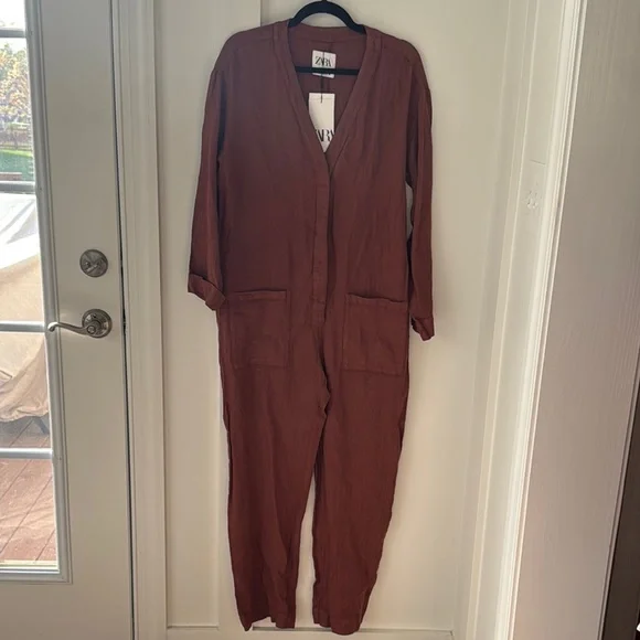 NWT Zara The Veronica Linen jumpsuit In Terracotta Size S - Picture 2 of 10